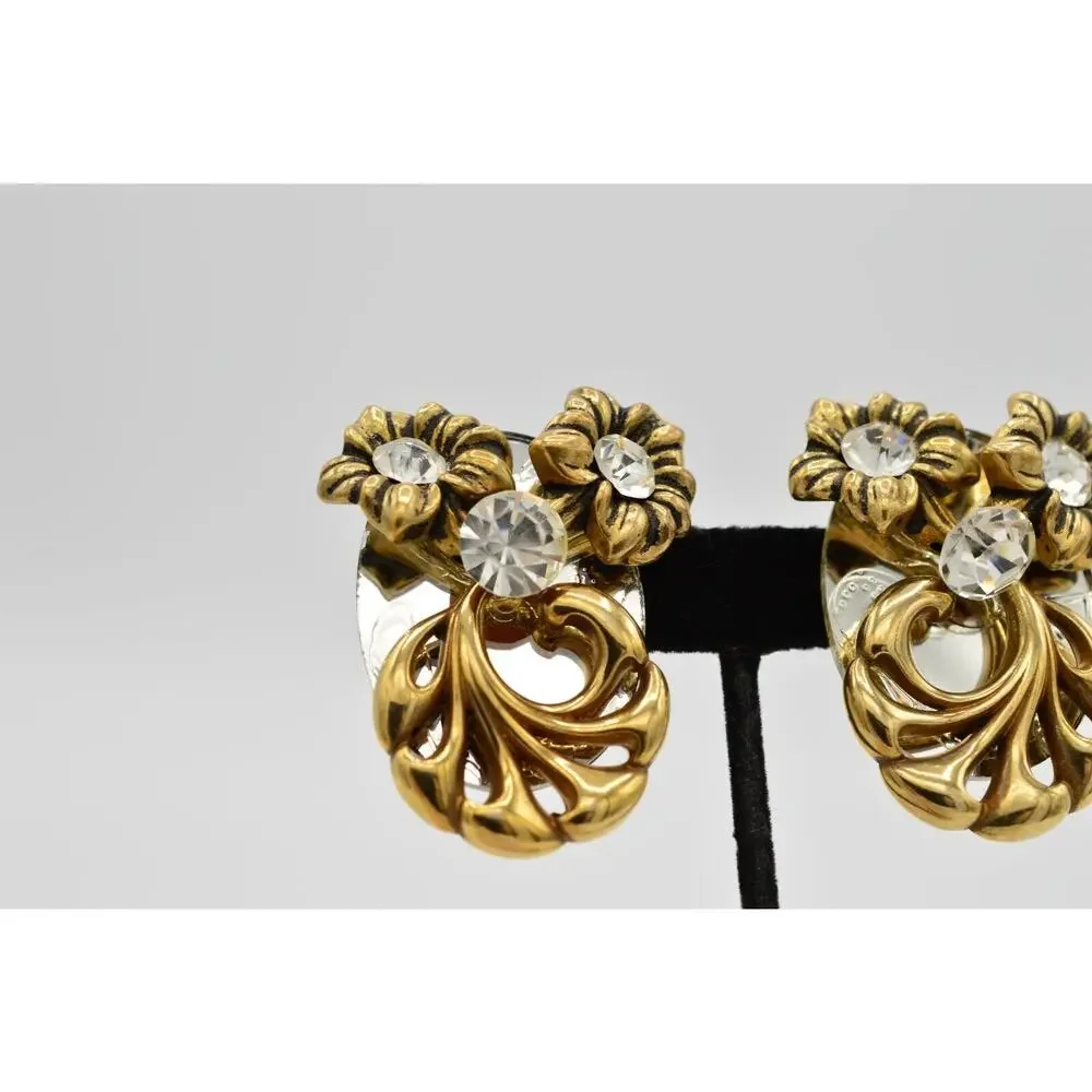 Vintage Clip On Earrings Rhinestone Crystal Mirrored Floral Chunky 1980s 9L